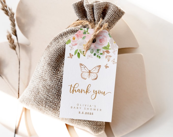 Butterfly favor tag. Blush gold baby shower Thank You Tag Template. Gold butterfly thank you tag. Butterfly baby shower #05