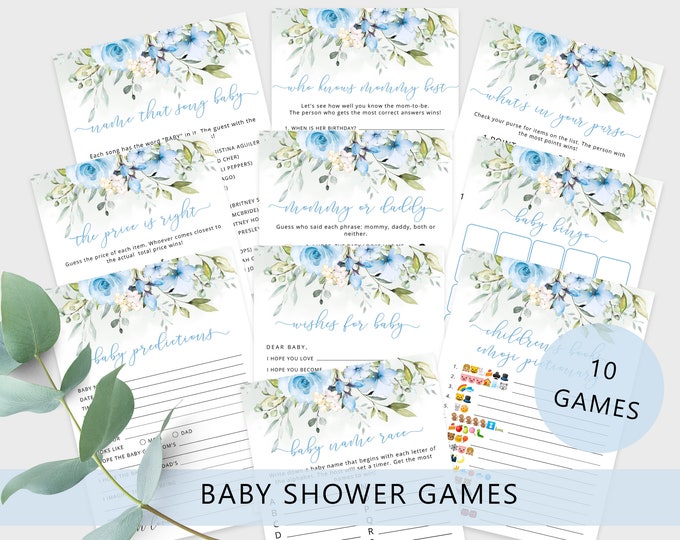 Floral baby shower games bundle. Boy baby shower games. Blue baby shower games. Instant download #fl3