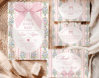 Love Shack Baby shower Invitation Bundle, Coquette Pink Bow Editable invite Corjl template #fo1