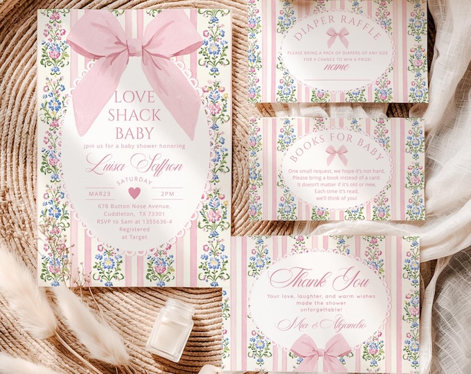 Love Shack Baby shower Invitation Bundle, Coquette Pink Bow Editable invite Corjl template #fo1