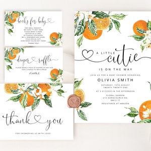 May include: Orange blossom baby shower invitation with a watercolour design. The invitation features a cute orange blossom design with the text "A Little Cutie is on the Way" and the name "Olivia Smith".