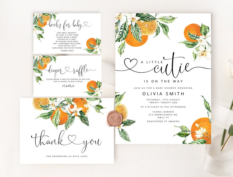 May include: Orange blossom baby shower invitation with a watercolour design. The invitation features a cute orange blossom design with the text "A Little Cutie is on the Way" and the name "Olivia Smith".