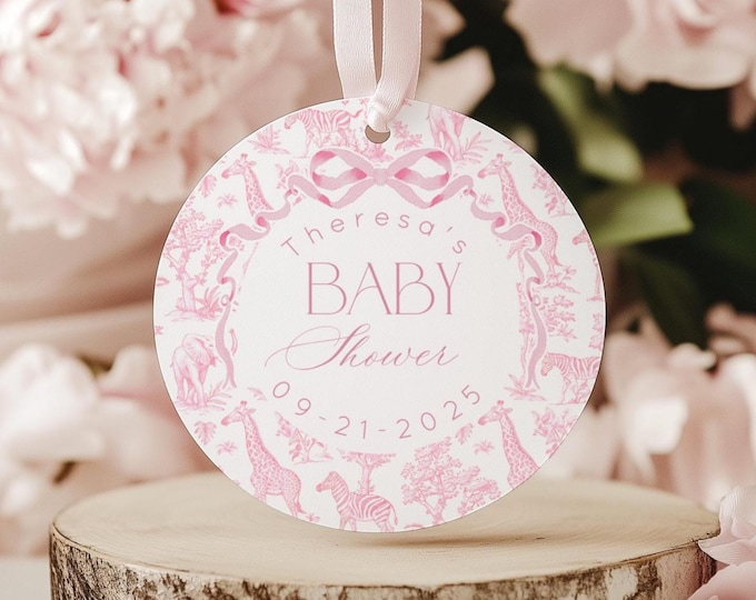 Toile de Jouy Pink Safari Animals Thank You Sticker Template. Pink Chinoiserie round favor tag, Corjl template #toi4