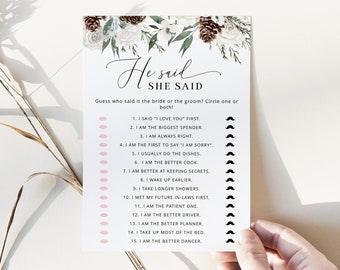 Winter He said she said Bridal Shower Game, Evergreen Bride or Groom Hen Party Games Instant Download #ev1
