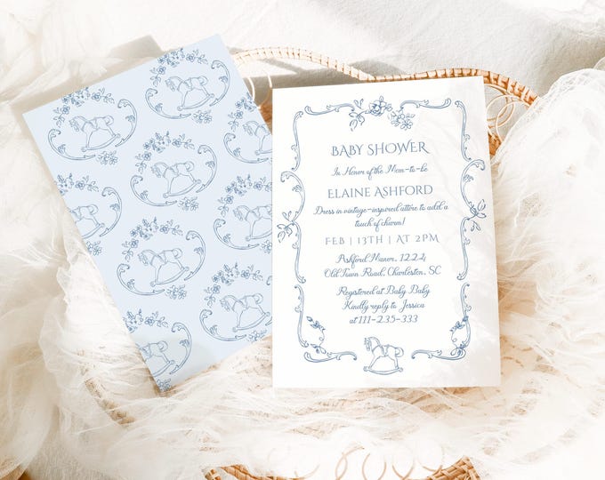 Editable Toile de Jouy Rocking horse Baby shower invitation. French style Chinoiserie Blue baby shower invite. Corjl template #tb1