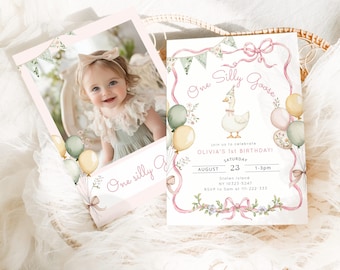 Editable One Silly Goose Pink girl Birthday invitation,  Girl 1st Birthday Goose pink bow Birthday photo invitation Corjl template #sg3