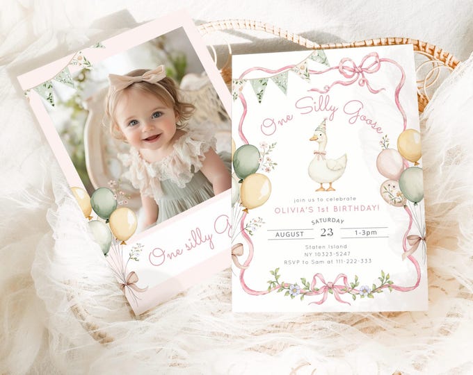 Editable One Silly Goose Pink girl Birthday invitation,  Girl 1st Birthday Goose pink bow Birthday photo invitation Corjl template #sg3