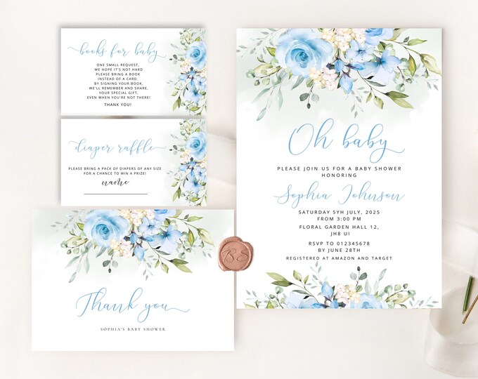 Oh baby Baby Shower Invitation template. Boy baby shower invitation bundle. Floral boy Baby Shower Invitation set #fl3