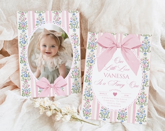 Love Shack Fancy 1st Birthday Invite, Whimsical Bow Photo Editable Corjl Template #fo1