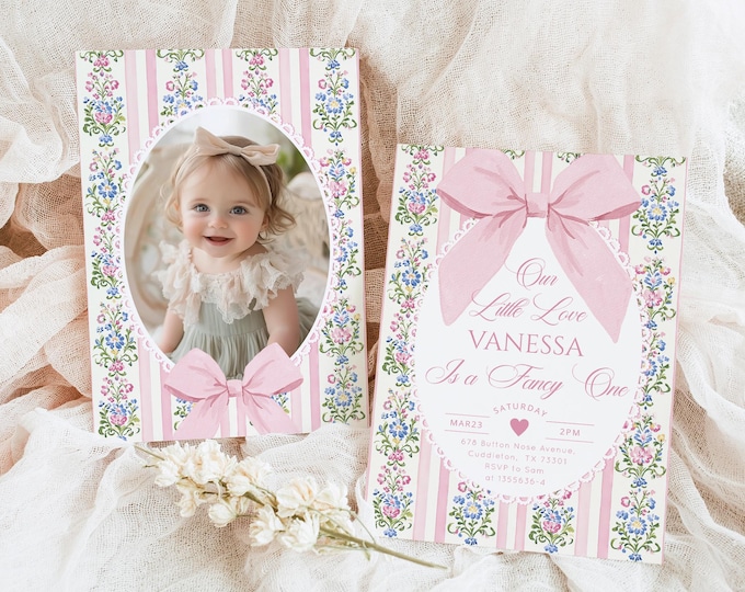 Love Shack Fancy 1st Birthday Invite, Whimsical Bow Photo Editable Corjl Template #fo1