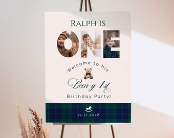 Beary 1st Birthday Polo Teddy bear Welcome sign with photo collage Corjl Template  #pbe1