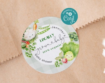 Locally grown baby shower round favor tag. Gender neutral farmers market round favor tag template. Corjl template #loc1
