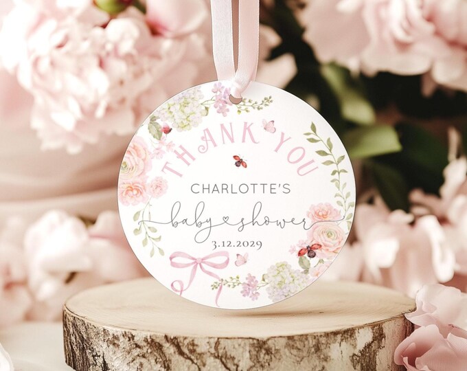 Little Loove Bug Baby shower round sticker template | Pink Bow Wildflower  Corjl Download #wl8