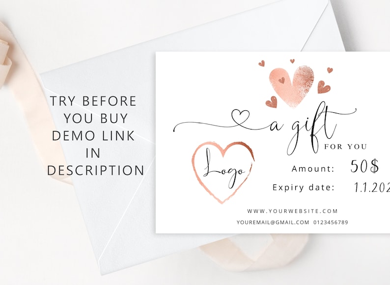 Rose Gold Hearts Gift Certificate Template: Valentines Editable Printable (Corjl) image 2