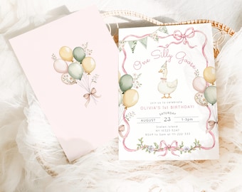 Editable One Silly Goose Pink girl Birthday invitation,  Girl 1st Birthday Goose pink bow Birthday invitation Corjl template #sg3