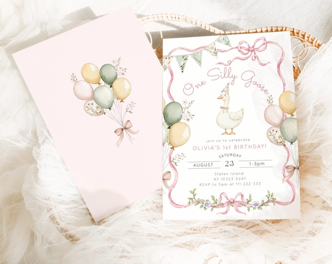 Editable One Silly Goose Pink girl Birthday invitation,  Girl 1st Birthday Goose pink bow Birthday invitation Corjl template #sg3