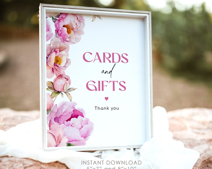 Petals and prosecco Cards and Gifts Sign in 2 Sizes. Bright pink peony Cards & Gifts Sign. Fuchsia bridal shower cards and gifts #pet1