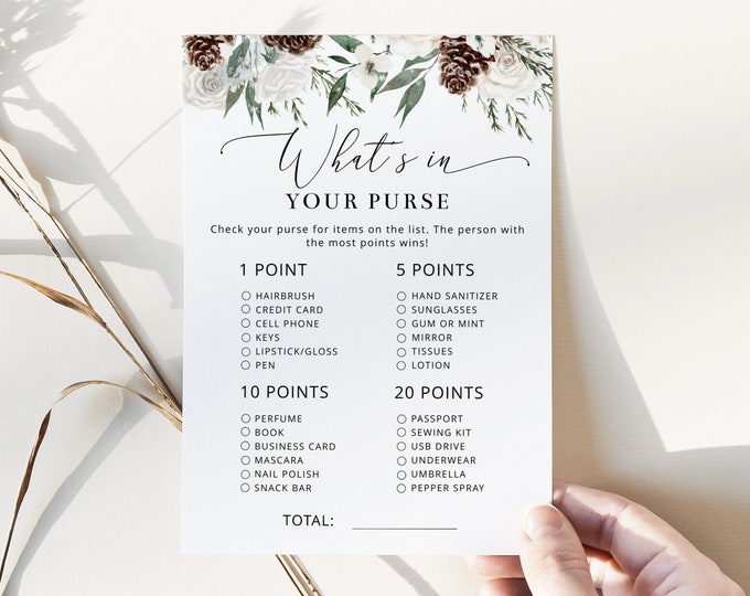 What's In Your Purse bridal shower game. Evergreen whats in your purse game. Winter what in your purse Printable Game. Instant Download #ev1