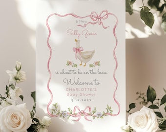 Editable Silly Goose Baby shower Welcome sign, Vintage Pink Bow Goose Baby girl Shower Welcome sign, Editable Welcome sign template #sg3