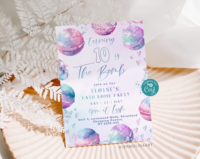 Bath bomb birthday invite. Bath bomb making birthday party invitation. Gender neutral Crafts birthday party invite Corjl template #bath1