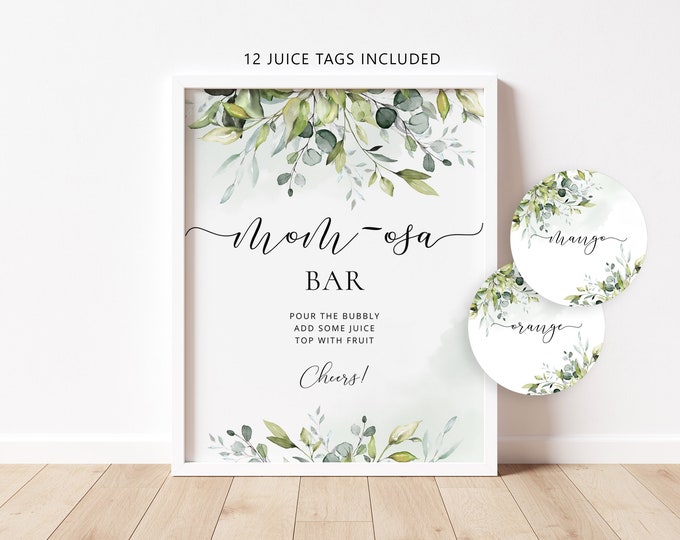 Greenery Mom-osa Bar Sign, Greenery Bubbly Bar Sign. Eucalyptus Baby Shower Decoration Signs, greenery momosa bar juice tags #02