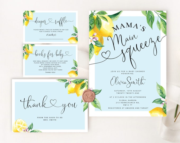 Mama's Main Squeeze Lemon Baby Shower Invitation. Blue lemon Baby Shower Invitation set. Books for baby, diaper raffle, thank you card #lem4
