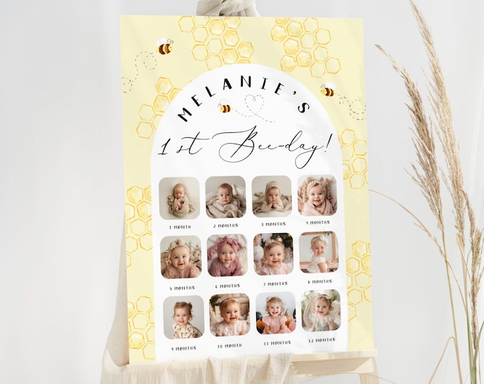 Bee Photo Milestones Birthday board. Editable 1st Birthday photo banner, Sweet to bee one Milestone poster Corjl editable template #be1
