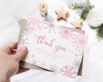 Pink snowflakes Thank You Cards Printable Template.  Pink silver snowflakes baby shower thank you card. Instant download #sn1