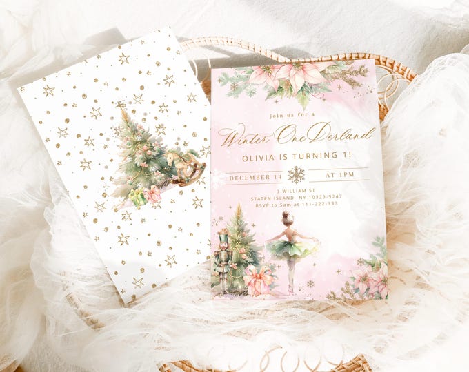 Winter Onederland 1st Birthday invitation, Nutcracker Pink Gold Editable Corjl Template #mn1