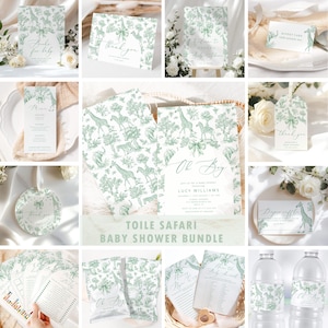 Kit para chá de bebê Toile Safari verde-sálvia. Kit para chá de bebê Toile de Jouy Safari neutro. Modelos editáveis Corjl #toi2