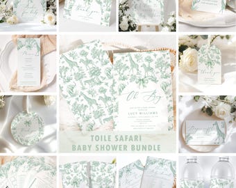 Sage Green Toile Safari Baby Shower Bundle (Editable Templates)