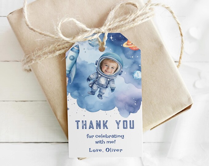 Editable Outer Space birthday thank you tag. Blue Boy Space photo Astronaut Birthday favor tag template. Corjl editable template #sp1