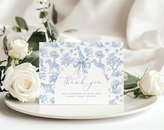 Toile Safari baby shower Thank you card, Blue Toile de Jouy Safari Thank you card. Blue Toile Jungle animals thank you card #toi1