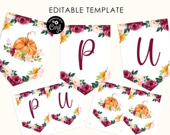 Editable fall pumpkin banner. Little pumpkin birthday party banner. Fall burgundy banner. Corjl template #p2