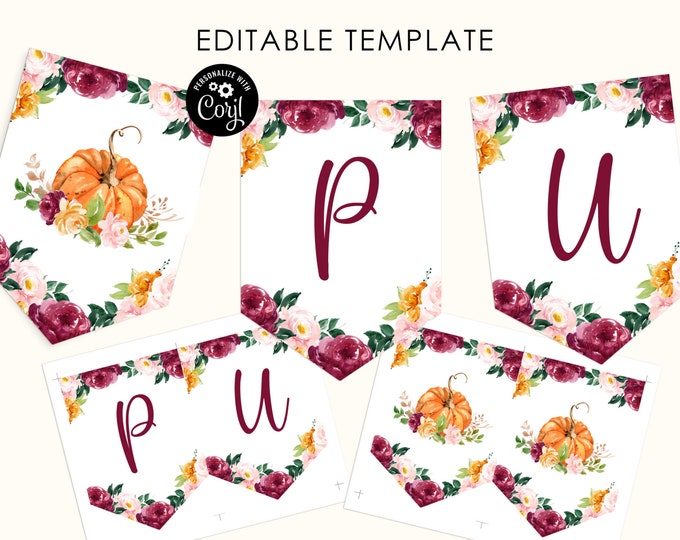 Editable fall pumpkin banner. Little pumpkin birthday party banner. Fall burgundy banner. Corjl template #p2