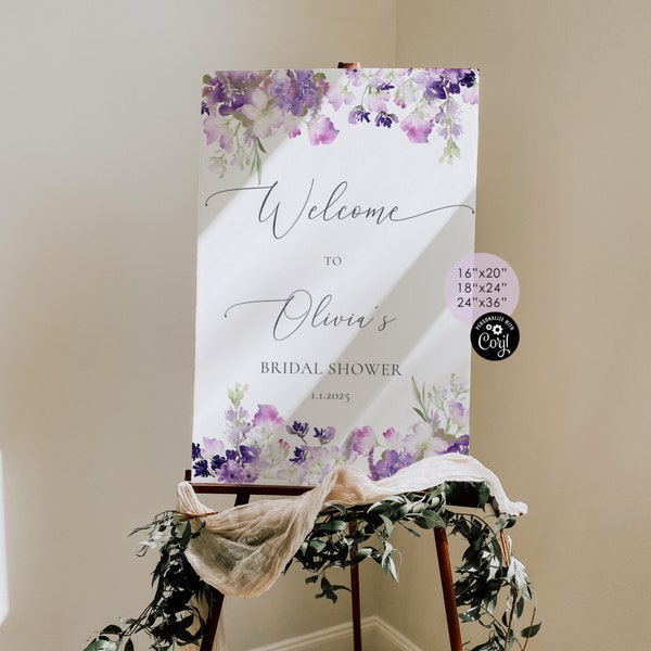 Lilac lavender bridal shower welcome sign. Purple welcome sign. Wildflowers Bridal shower welcome sign. Instant download Corjl #09