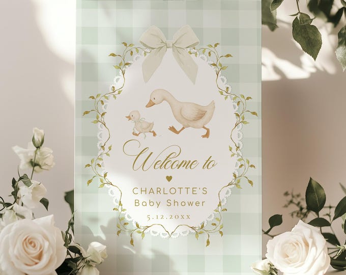 Sage green  Silly Goose Baby Shower Welcome sign template, Gender neutral Gingham Bow Editable Corjl #sg6