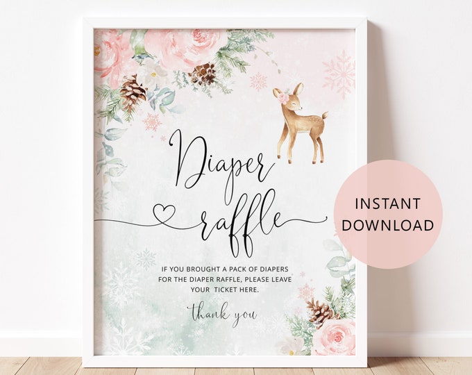 Blush pink deer diaper raffle sign. Winter pink snowflakes oh deer diaper raffle sign.  Instant Download #wb7