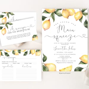 She Found Her Main Squeeze Bridal Shower Invitation. Lemon bridal shower invitation template and recipe card. Lemon recipe card #lm1