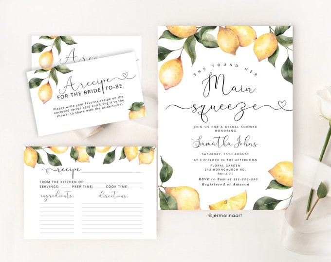 She Found Her Main Squeeze Bridal Shower Invitation. Lemon bridal shower invitation template and recipe card. Lemon recipe card #lm1