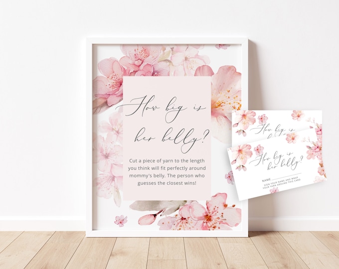 Blush pink How Big is Mommy's Belly Game. Sakura cherry blossom Belly Guessing Game. Instant Download #s1