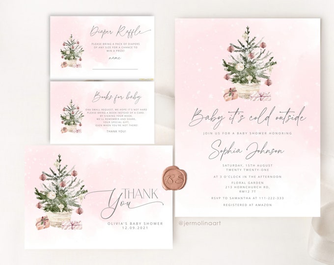 Pink Baby its cold outside Baby Shower Invitation bundle.  Winter blush pink Girl Baby Shower Invitation set  #ad7