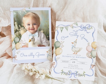 Editable One Silly Goose Boy Birthday invitation, Blue 1st Birthday grandmillennial style blue bow Birthday invitation with photo Corjl #sg1