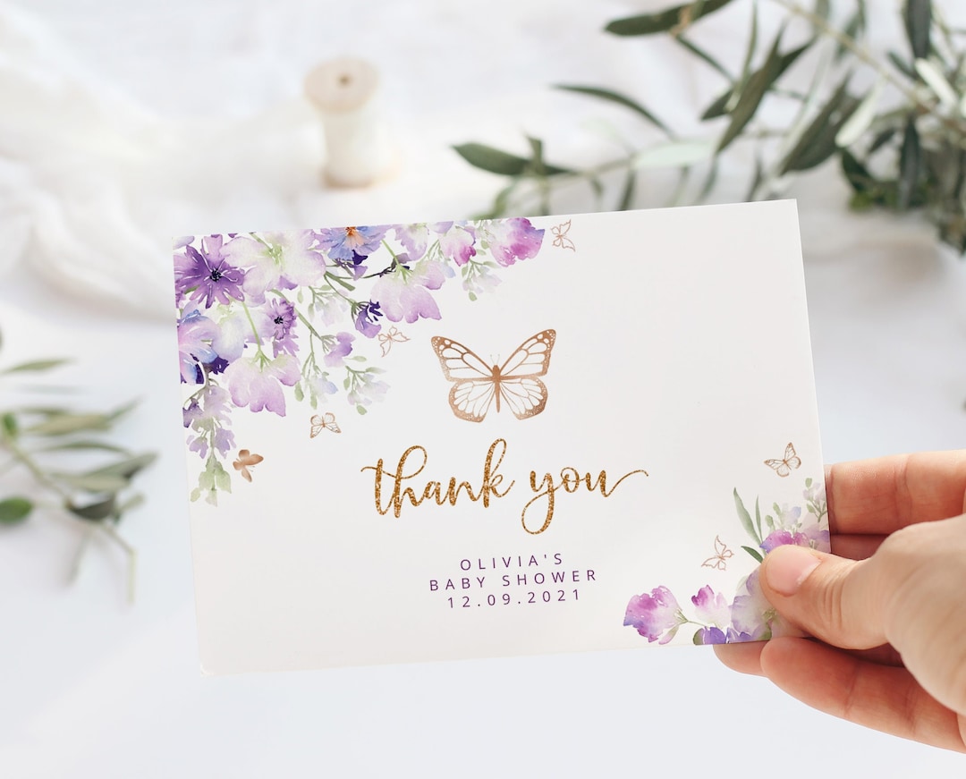 Butterfly Thank You Card Printable Template. Lilac Spring Flowers Baby ...