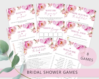 Petals and prosecco Bridal Shower Games Bundle, Elegant bright pink floral Wedding Shower Games. Bachelorette Games Instant Download #pet1