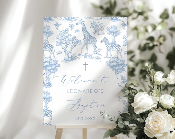 Toile Safari Baby Boy Baptism Welcome Sign – Digital Editable Template – Blue Jungle Animals Christening Decor #toi1