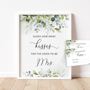 Greenery Guess How Many Kisses for the soon-to-be Mrs sign. Eucalyptus Bridal Shower Game. Bridal Shower Guessing Games Instant download #01