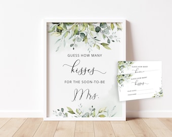 Greenery Guess How Many Kisses for the soon-to-be Mrs sign. Eucalyptus Bridal Shower Game. Bridal Shower Guessing Games Instant download #01