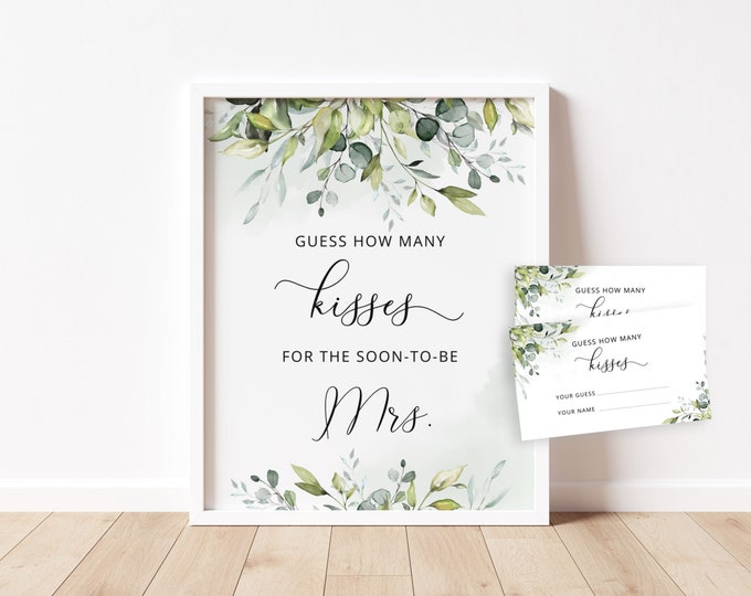 Greenery Guess How Many Kisses for the soon-to-be Mrs sign. Eucalyptus Bridal Shower Game. Bridal Shower Guessing Games Instant download #01