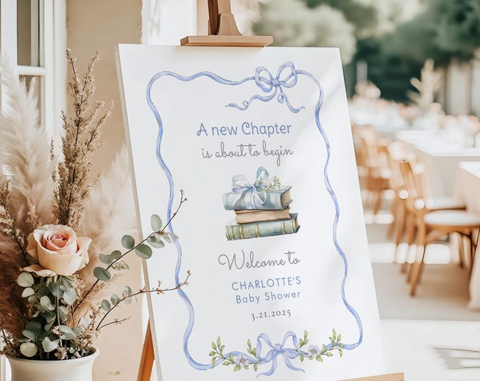New Chapter Blue Bow Baby shower Welcome sign, Vintage Bow Storybook Baby boy Shower Welcome sign, Editable Welcome sign template #bl2